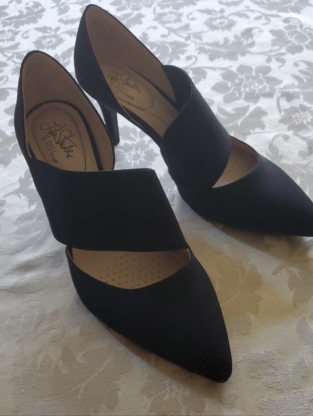 Life Stride Black Pointed-Toe Heels with Wide Elastic Strap